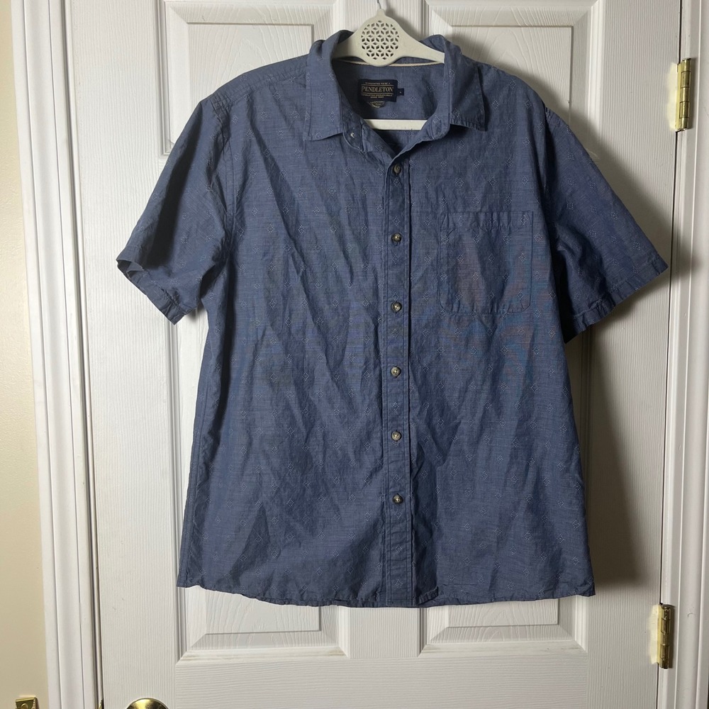 Pendleton Mens Large Blue Geometric Diamond Cotton Hemp Short Sleeve Button Up